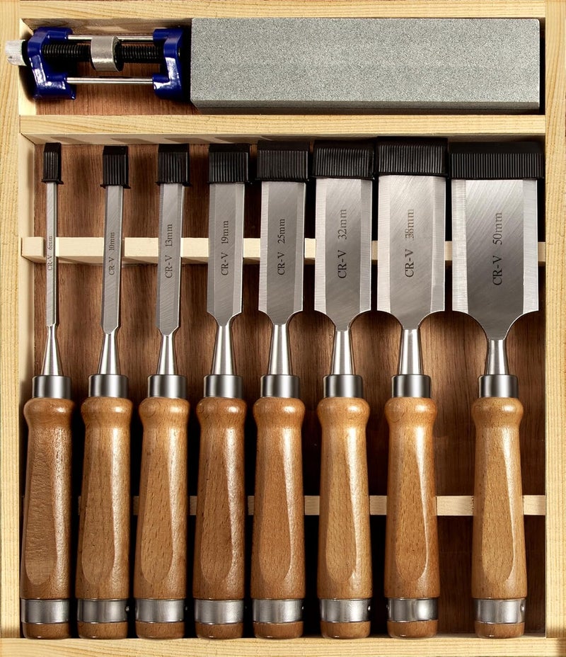 Mount Jasper 10 Pieces Wood Chisel Set, 1/4"~2" Woodworking Chisel Kit with Sharp CR-V 60 Steel Blades, Wooden Box, Honing Guide, Sharpening Stone for Carpenter Craftsman Woodworker - Image 1